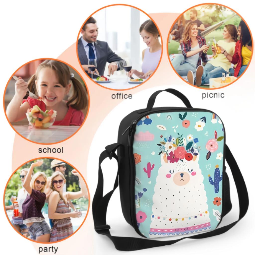 Alpaka Lama Mit Frühlingsblumenkranz Kaktus Isolierte Lunchbox Kühltasche Waschbar Auslaufsicher Tragbare Tragetasche