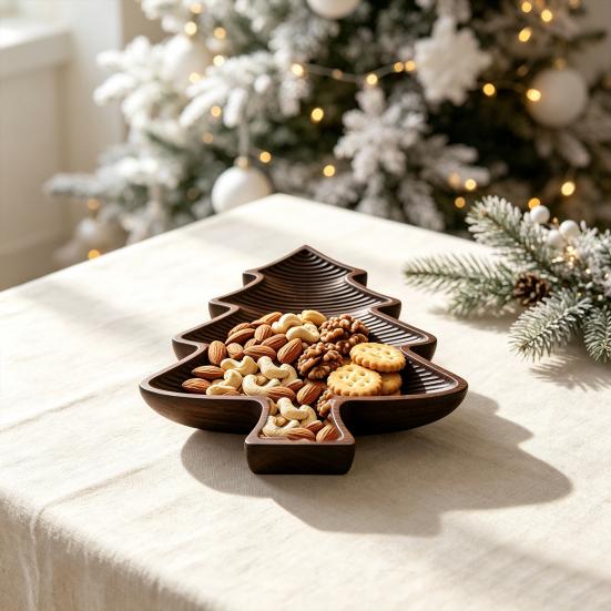 Holiday Food Display Plate Wooden Christmas Tree Serving Tray, Candy Nut Dish, Xmas Tree?Shaped Snack Storage Rustic Home Table Decor Plate,