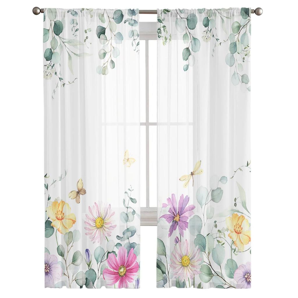 Idyllische Wildblumenblätter Tüllvorhänge für Wohnzimmer, transparenter Vorhang für Schlafzimmer, Weihnachtsjalousien, Voile-Vorhänge