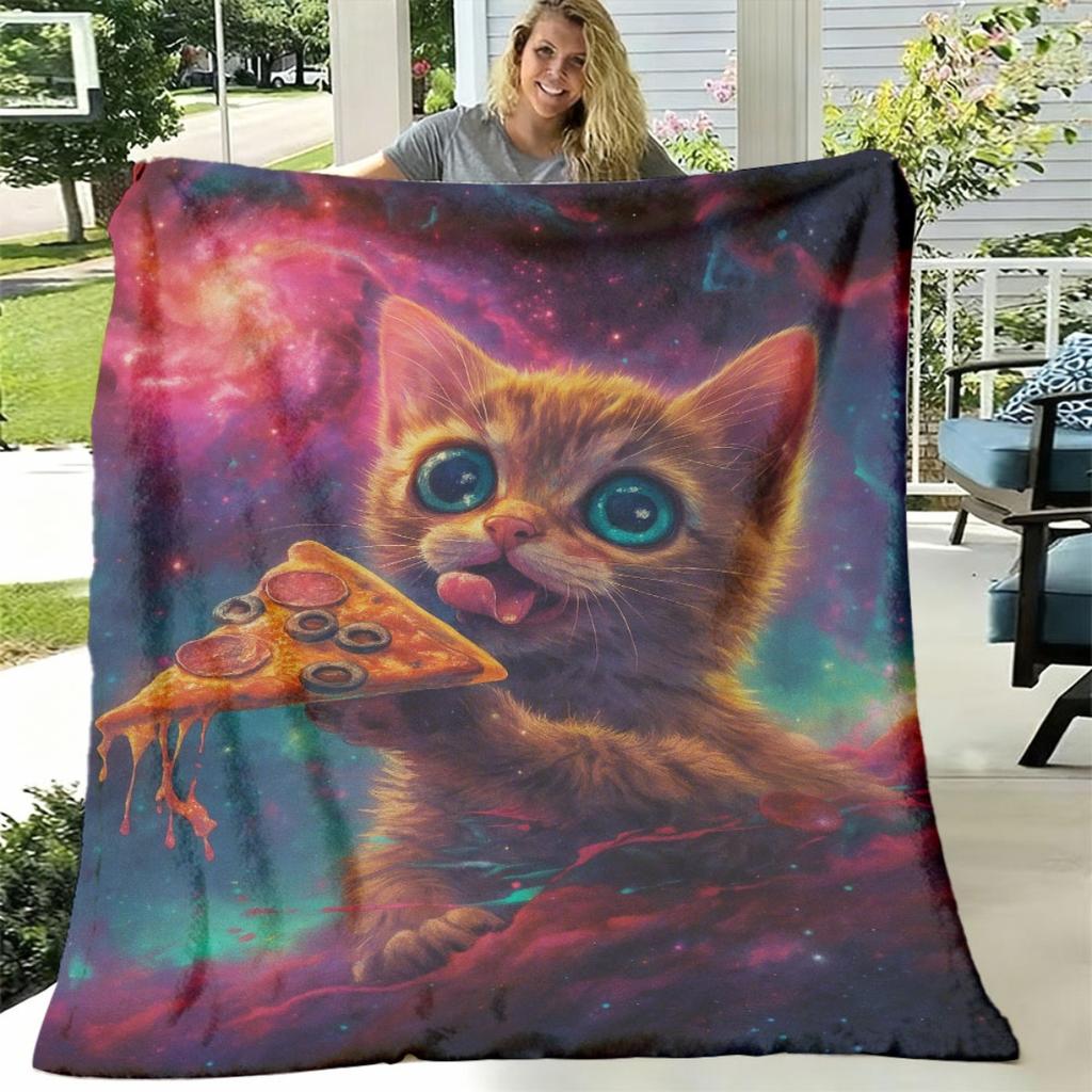 1pc Asian Style Space Pizza Cat Print Flannel Blanket, Soft Comfortable Allseason Fabric, Digital Print Polyester, Perfect for Bed, Sofa, Living Room,