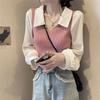 Spring and Autumn V-neck Spliced Lapel Lantern Sleeve Fake Two Piece Short Knitted Top Women's Long Sleeve