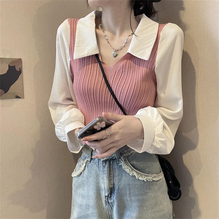Spring and Autumn V-neck Spliced Lapel Lantern Sleeve Fake Two Piece Short Knitted Top Women's Long Sleeve