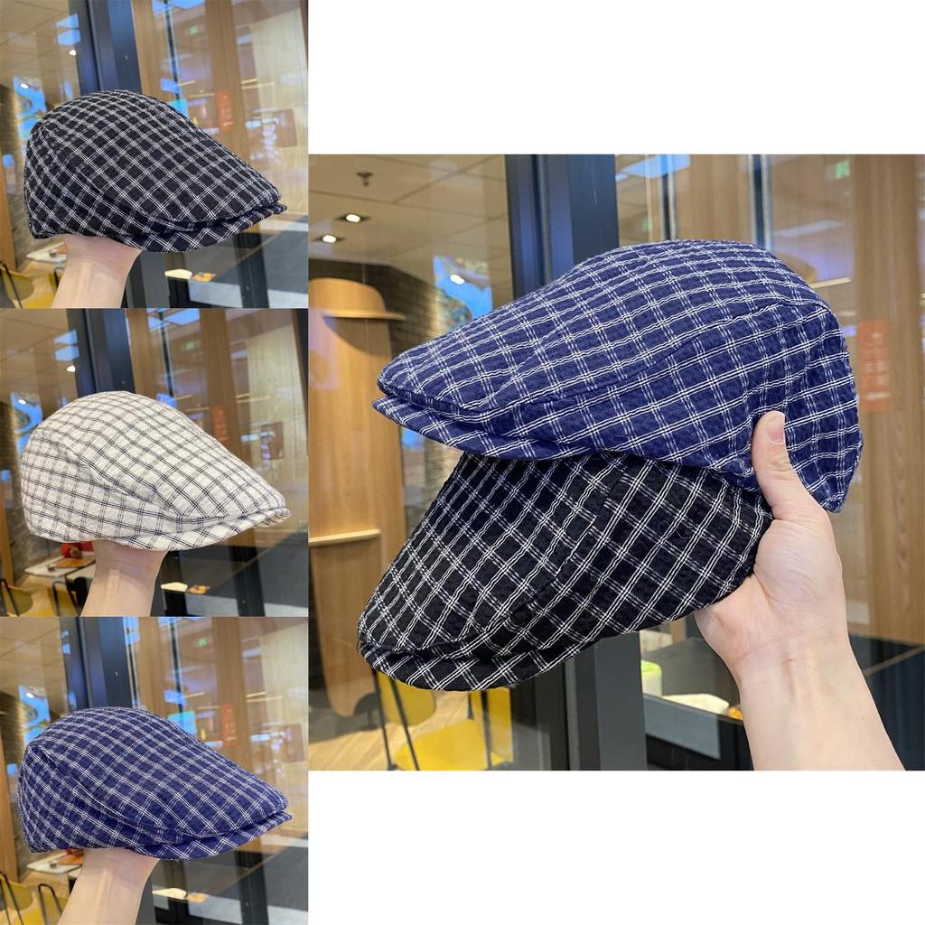 Womens Summer Retro Plaid Grid Beret Cap With Short Brim For Street Art Style