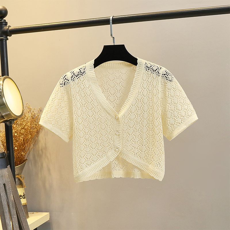 

Hollow T-shirt Ice Silk V-neck Skirt with Shoulder Straps Short-Sleeved Sweater Apricot -8066 Xi 2XL