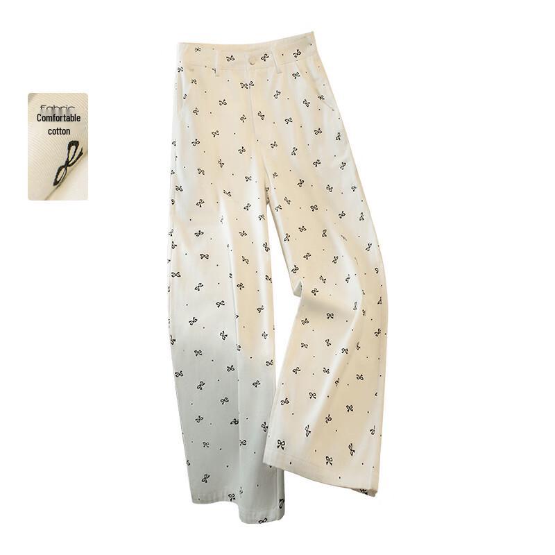 Sibaisha Women s High-Waist Bowknot Print Wide-Leg Jeans XL