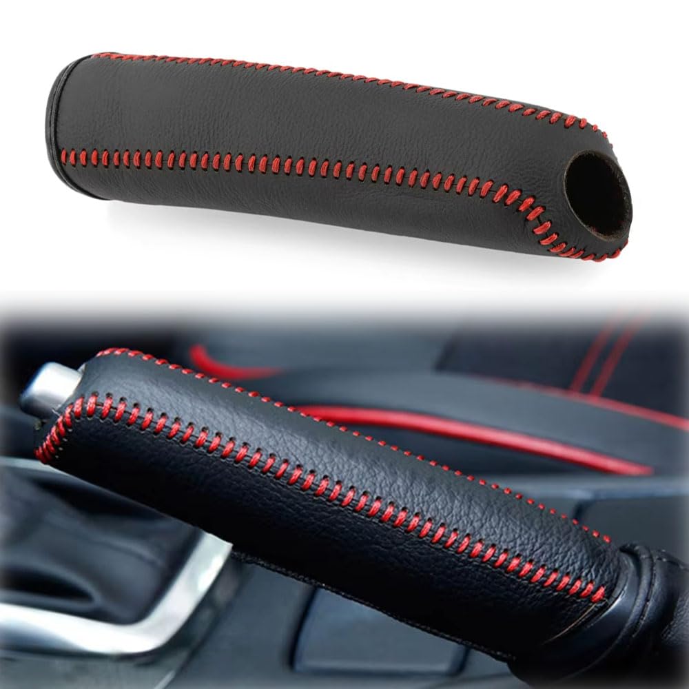 GLOWZEN Shift Knob Cover Universal Car Handbrake Cover Premium Genuine Leather Handmade (Red Black Stitching)