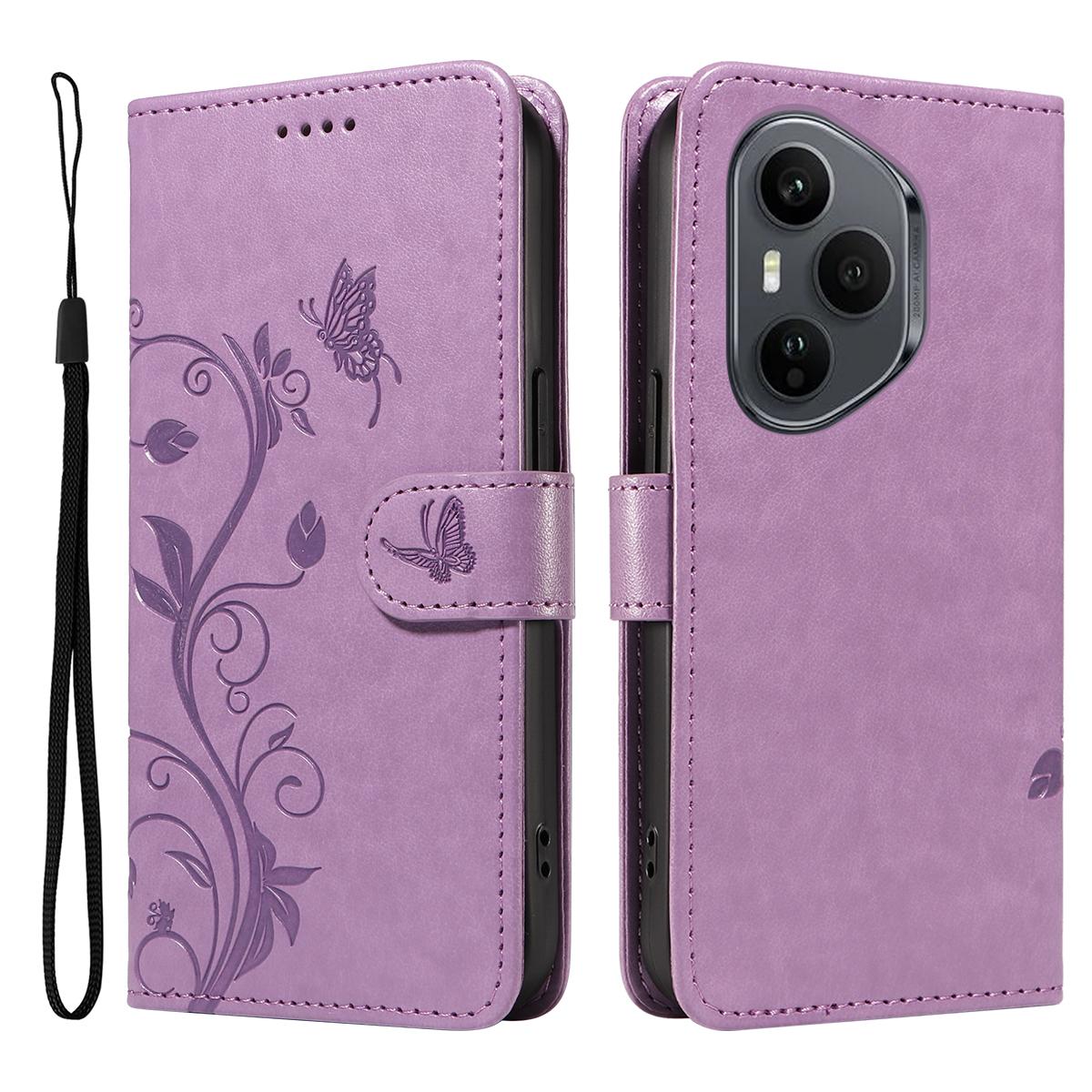 

For Honor 400 Pro 5G (Global) PU Leather Cases Flower Pattern Wallet Stand Phone Cover with Strap Light Purple