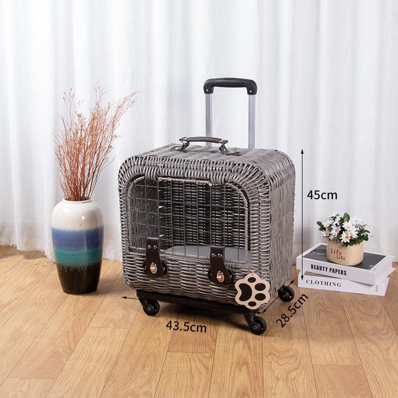 Portable Cat Suitcase with Wheels High Appearance Wicker Kittens Travel Bag Large Capacity Cats Carrier Lightweight Trolley Case
