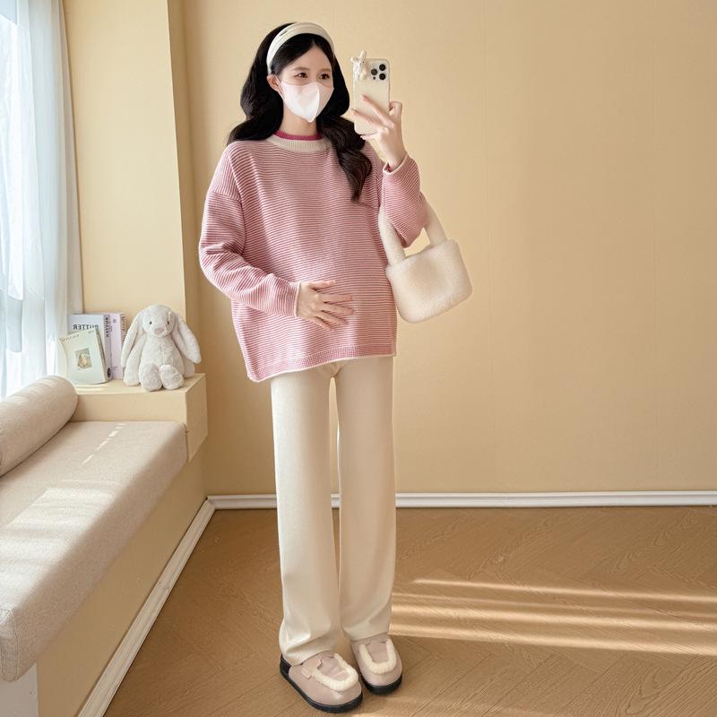 Maternity Striped Sweater & Wide-Leg Pants Set for Autumn/Winter – Casual, Loose, Slim-Fit L