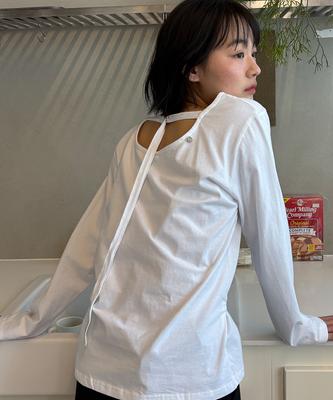 RONRON Back Open Waist Belt Long Sleeve T Shirt White