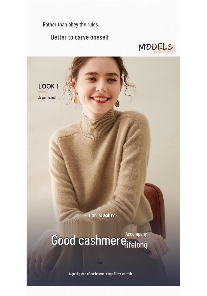 Women's Cashmere Half High Neck Sweater – Thick, Solid Color, Loose Fit for Autumn/Winter.