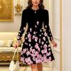 Women's Bohemian Casual Midi Dress Print Round Neck Long Sleeve A Line Loose Swing Dresses