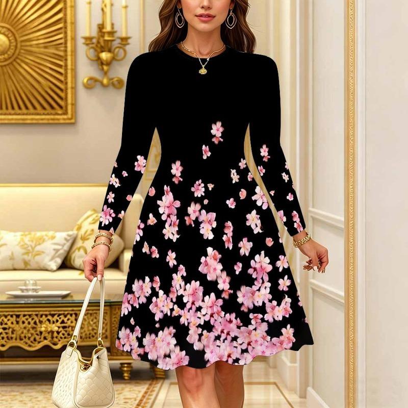 Women's Bohemian Casual Midi Dress Print Round Neck Long Sleeve A Line Loose Swing Dresses