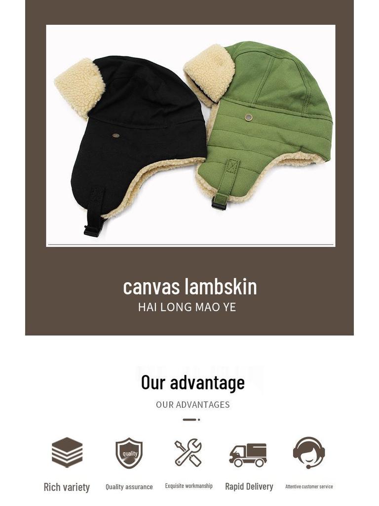 Retro Lamb Wool Canvas Lei Feng Hat with Ear Protection, Velvet-lined, Solid Color, Thickened for Warmth