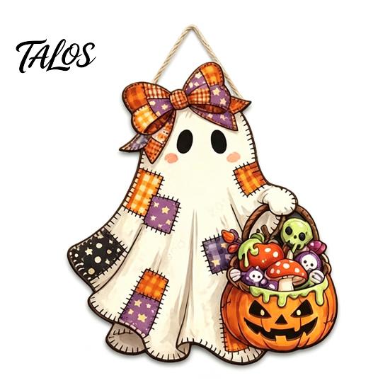 Indoor Entrance Hanger Halloween Cute Bow Ghost Door Sign, Wooden Patchwork Hanging Plaque with Pumpkin Candy Basket, Outdoor Porch Decor Retro