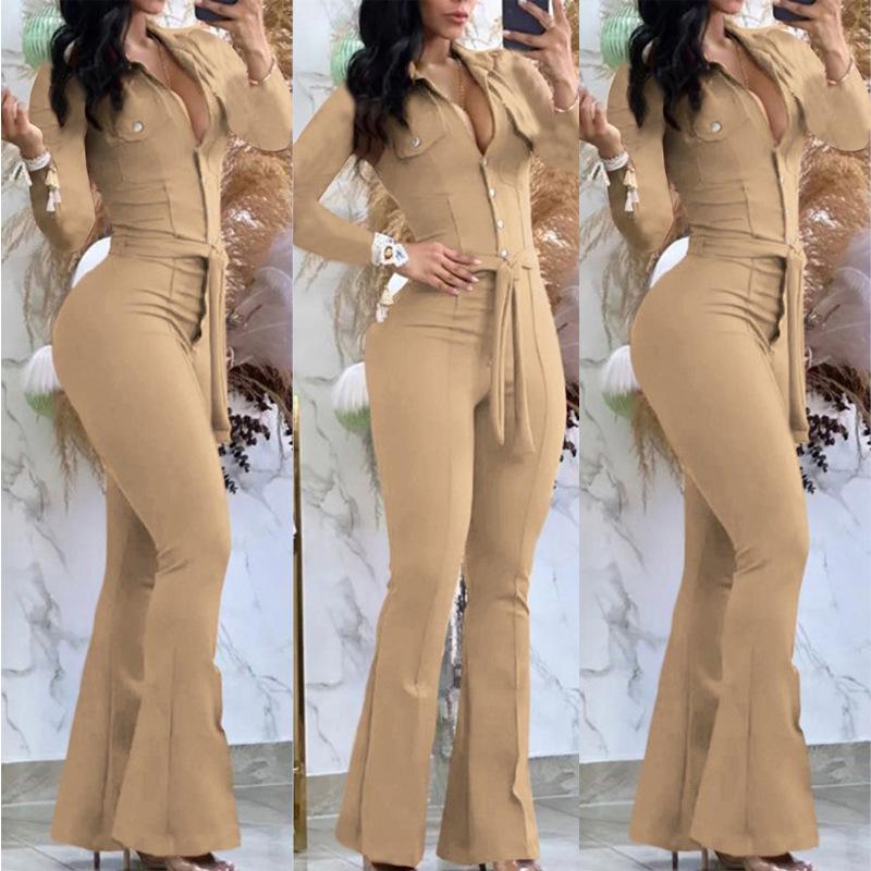 2025 Autumn/Winter Long-Sleeve Shirt Collar Jumpsuit with Mid-Waist Long Pants