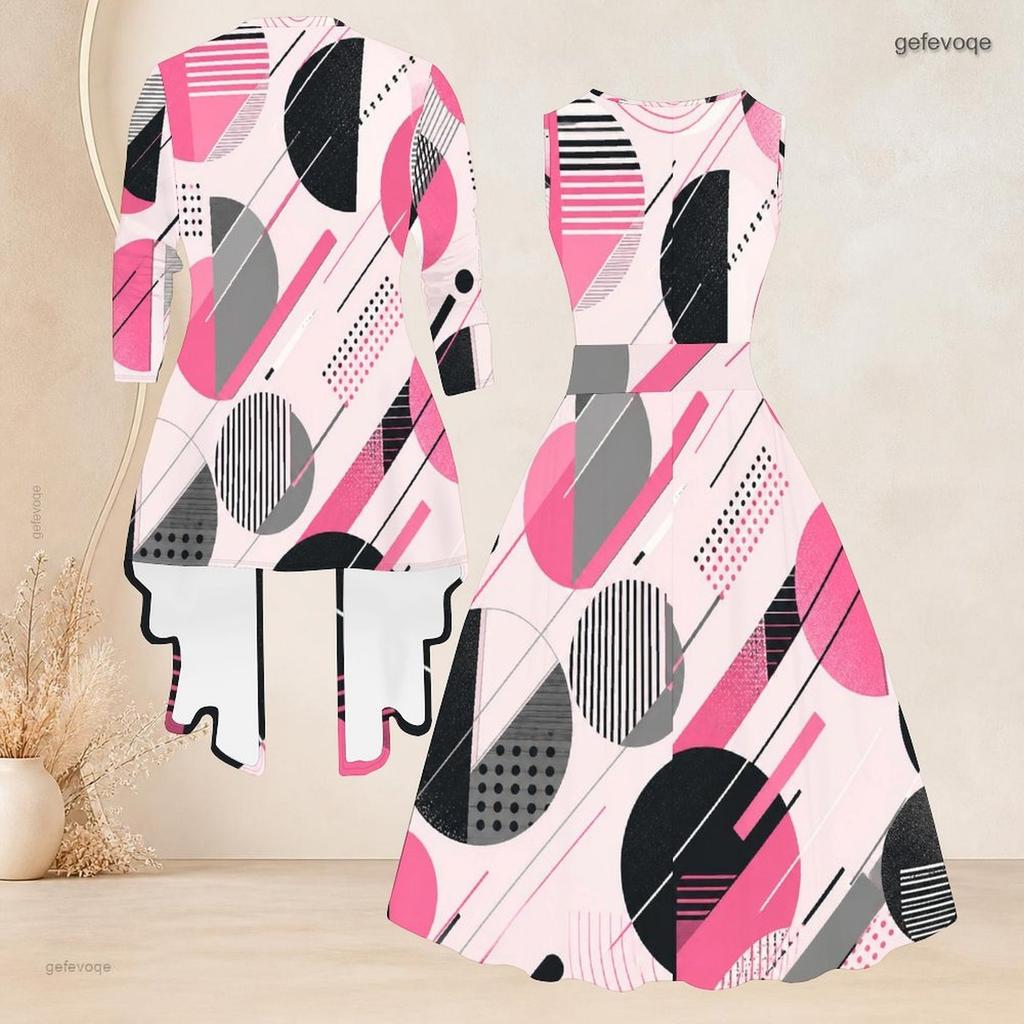 Women Plus Size Two Piece Set Sleeveless Round Neck Tie Waist Flared Dress 3 4 Sleeve Open Cardigan Green Geometric Printed