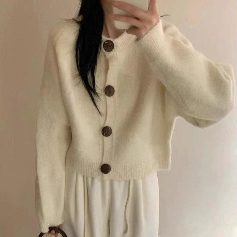 Women's Fluffy Knit French Cardigan: Short Round Neck, Loose Fit, New for Autumn/Winter 2026