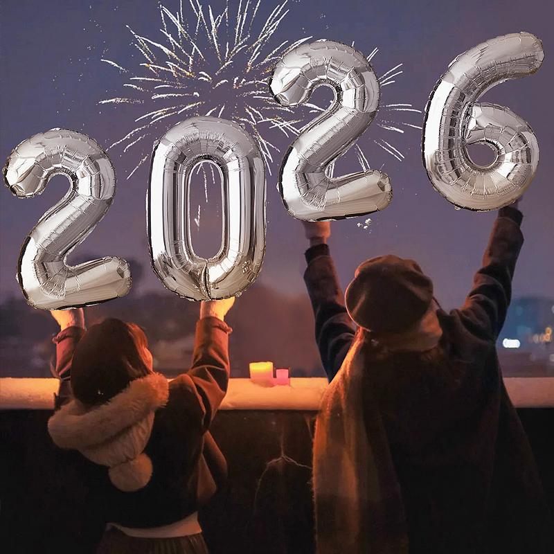 Happy New Year 2026 Balloons Gold Silver Pink Black Number 2026 Foil Balloons 16/32In Multicolour Happy New Year Banner