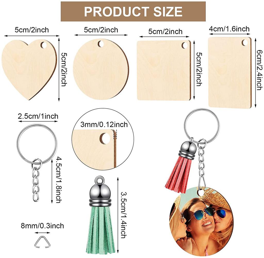 96/160PCS Unfinished Wooden Keychains Blank Sublimate Keychain Key Ring With Leather Tassel For Decor Making DIY Craft Tags