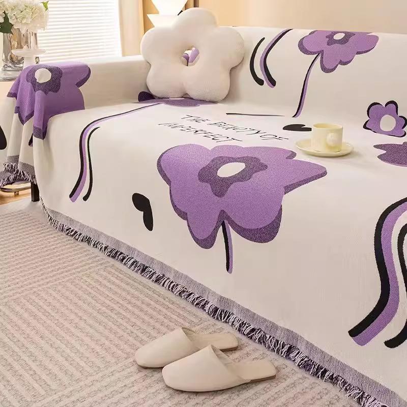Anti Cat Scratch Sofa Towel with Tassel Nordic Printed Non Slip Blanket for Living Room Multi-Purpose Dust Cover for All Seasons