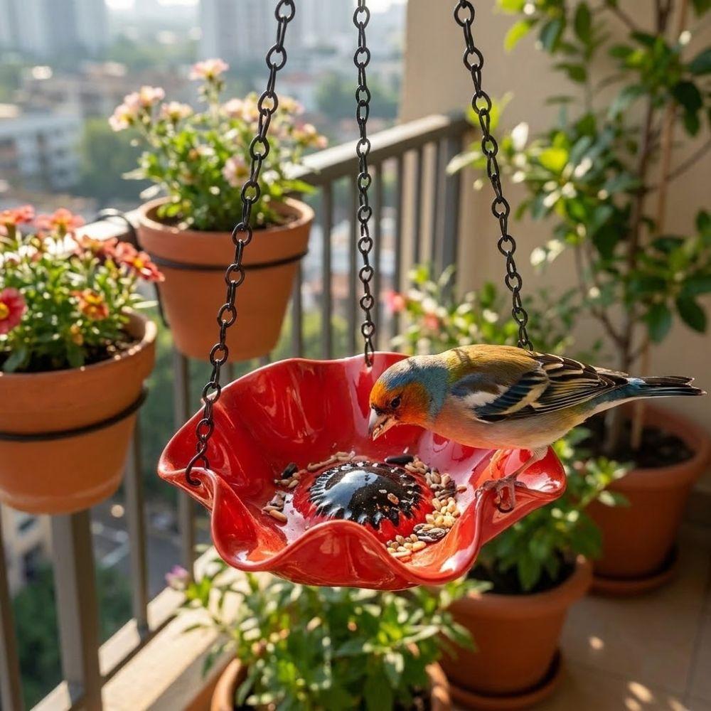 Eisenkunst Vogeltränke Blumenförmige Offene Schale Kolibrifutterer Retro-Stil Rostbeständig Hängendes Vogelbad Terrasse