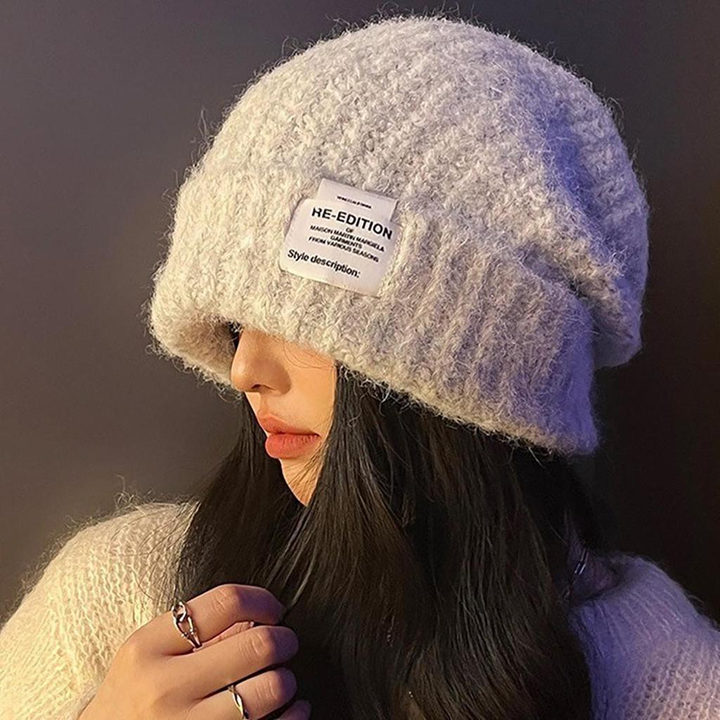 Winter Warm Wool Knitting Cap for Women Solid Color Elastic Ear Protection Fashion Label Beanies Korean Girl Simple Pullover Hat