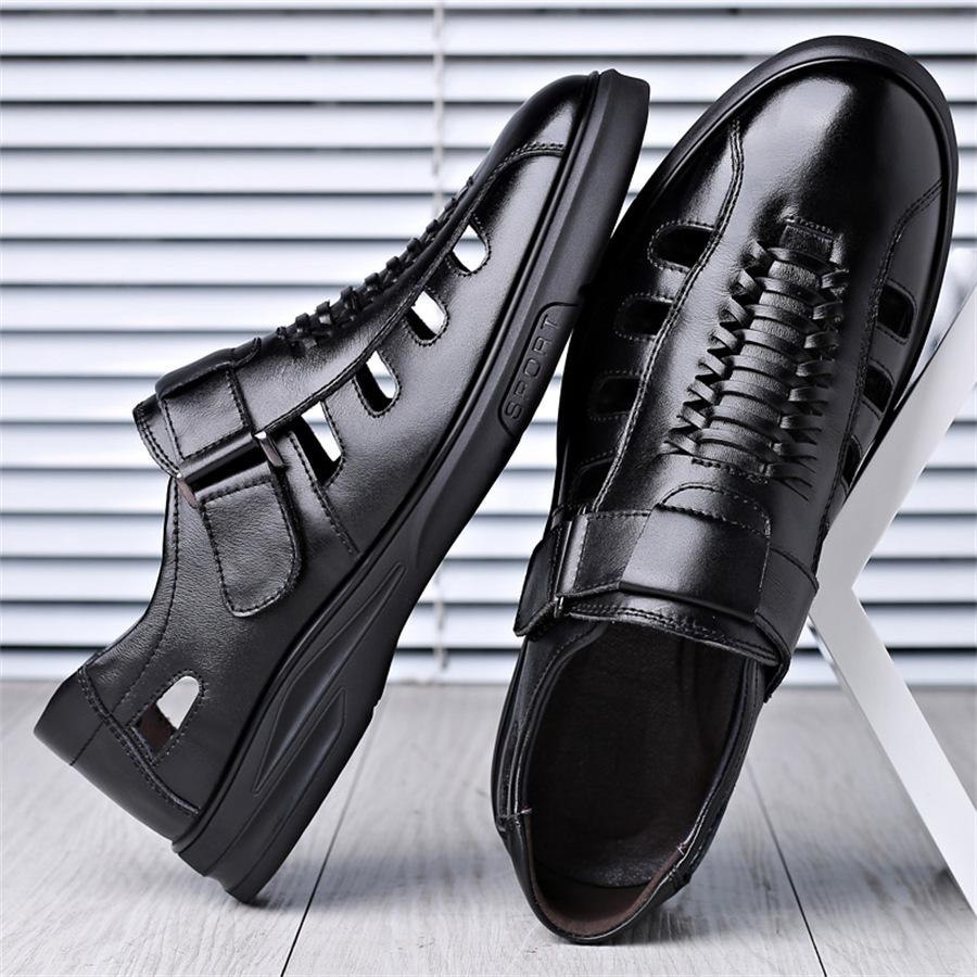 Men's Sandals Summer New Hollow Men's Shoes Beach Shoes Soft Leather Breathable Leather Shoes Velcro