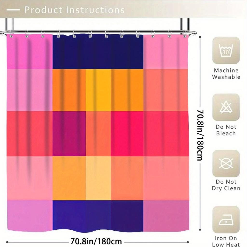 4pcs Creative Grid Shower Curtain Set with 12 Hooks - Shower Curtain, Bath Mat, Toilet Seat Cover And U-Shaped Rug - Machine