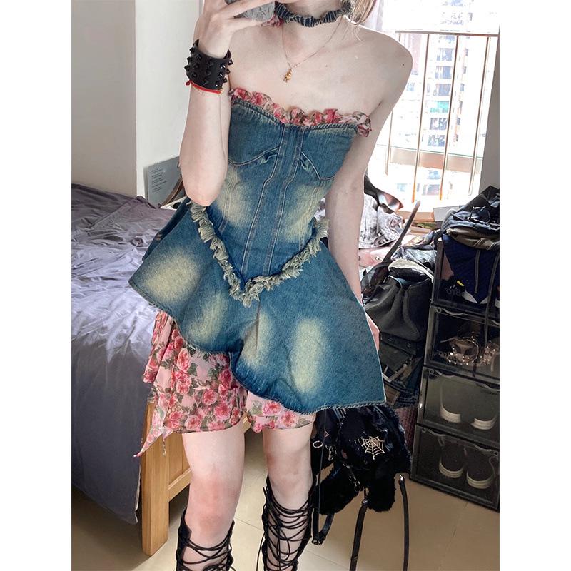 Retro Spicy Girl Rose Floral Strapless Denim Dress - Summer Waist-Cinching Short Skirt Design Medium
