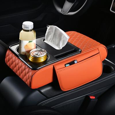 Hochwertiges Armlehnenpolster für die Mittelkonsole im Auto, mit Taschentuchbox und 2 Getränkehaltern, PU-Leder-Armlehnenbox-Pad, tragbares Armlehnenkissen für das Auto