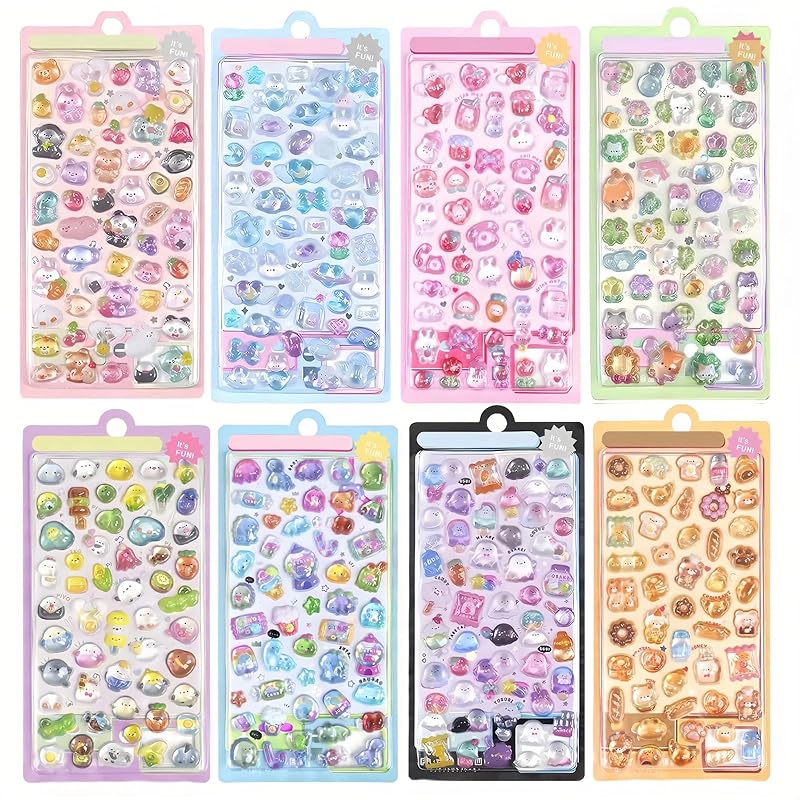 KernoKost Pukupuku Stickers, Cute 3D Pukupuku Stickers, Set of 8, Large Capacity (Approximately 400 Stickers), Sparkly, Perfect for Girls, Treats, DIY