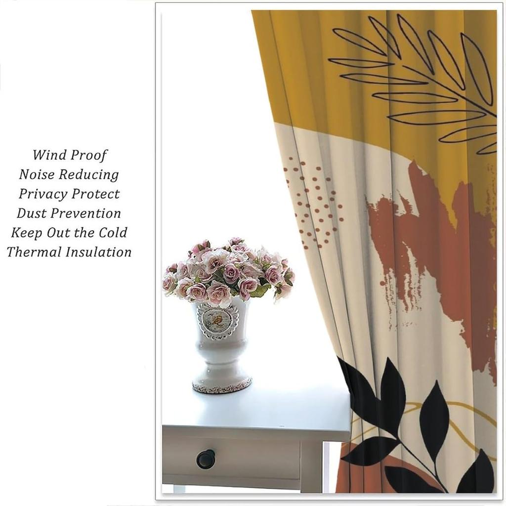 Mid Century Abstract Boho Orange Decor Curtain, Spring Summer Pink Green Nature Leaf Sun Modern Home Kitchen Livingroom Coffee
