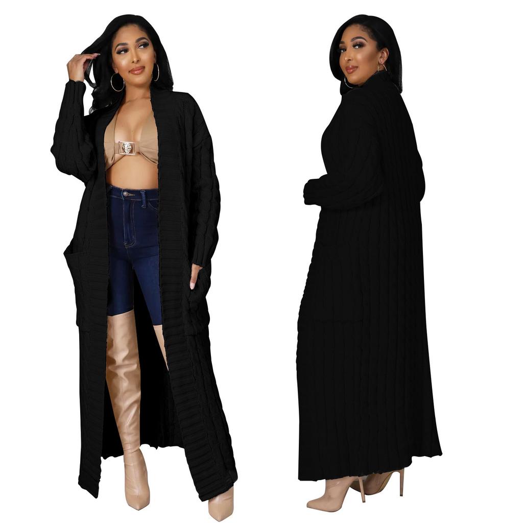 New Autumn Winter Women's Fashion Pocket Cardigan Casual Long Sleeve Sweater Long Solid Color