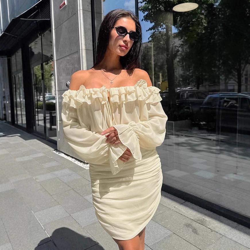 French Temperament Apricot Ruffle Edge Dress Women's Autumn Fashion Elegant Chiffon Hip Skirt Short Skirt Women's Clothing