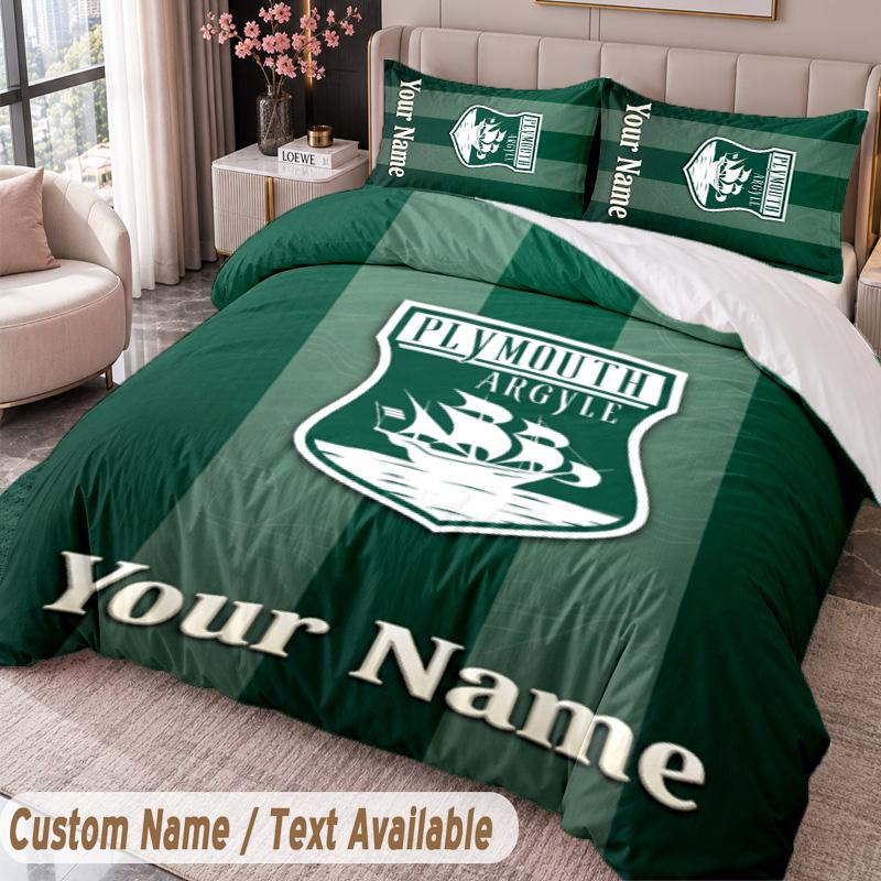 Plymouth Argyle FC Printed Bedding Set Custom Name Text 1 Duvet Cover 2 Pillowcases For Bedroom