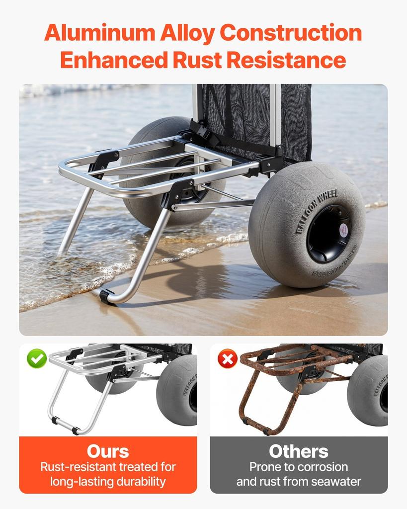 Beach Dolly with Big Wheels for Sand, 505 X 374 Mm Cargo Deck, Folding Sand Cart with 320 Mm Balloon Wheels, 75 Kg Load Capacity, 860-1160 Mm