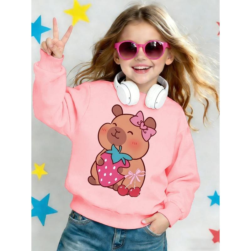 Kids Crewneck Sweatshirt, Cartoon Bear Strawberry Cherry Print Cute Sweet Casual Long Sleeve Top