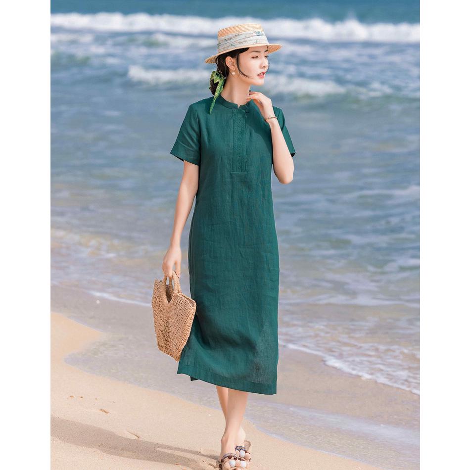 

Женское чайное платье с короткими рукавами и вышивкой в стиле ретро 2023 года Large зелёный