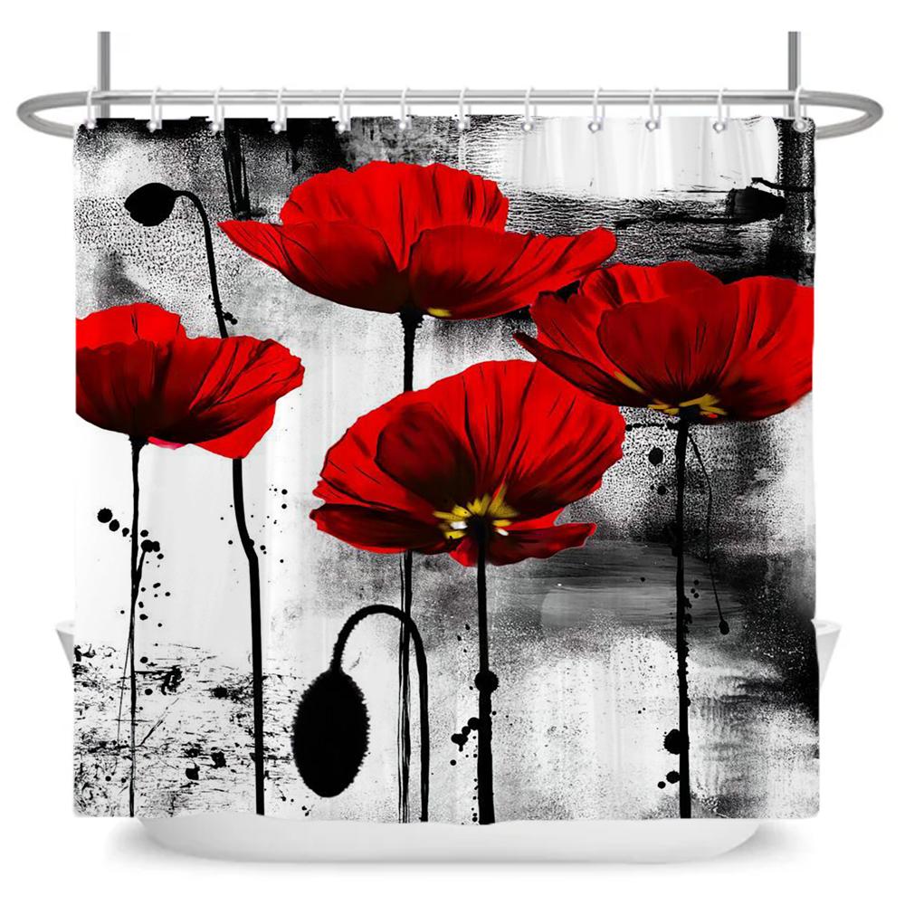 Watercolor Red Flower Shower Curtain Flowers and Plants Waterproof Polyester Bath Curtain For Bathroom Home Decor Accessories