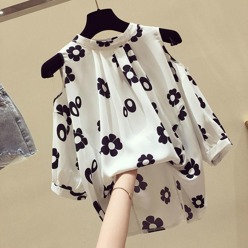 Plus Size Women's Summer Fat Sister Loose All-match Off-the-shoulder Short-sleeved Chiffon Shirt Western Style Was Thin and Covered Belly Top