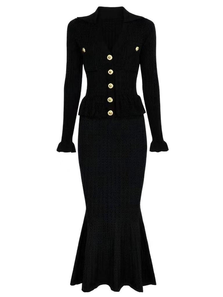 Retro V-Ausschnitt Strickpulloverkleid - Langarm Fishtail Rock für Herbst und Winter