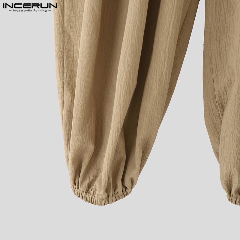 INCERUN Men Elastic Waist Pants Casual Loose Solid Color Texture Harem Trousers
