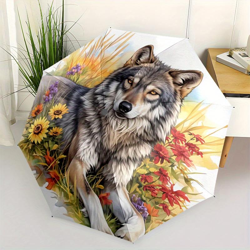 1pc Gray Wolf amidst a Field of Colorful Flowers Automatic Opening and Closing Umbrella - Suitable for Various Occasions, Outdoor Activities, Lig