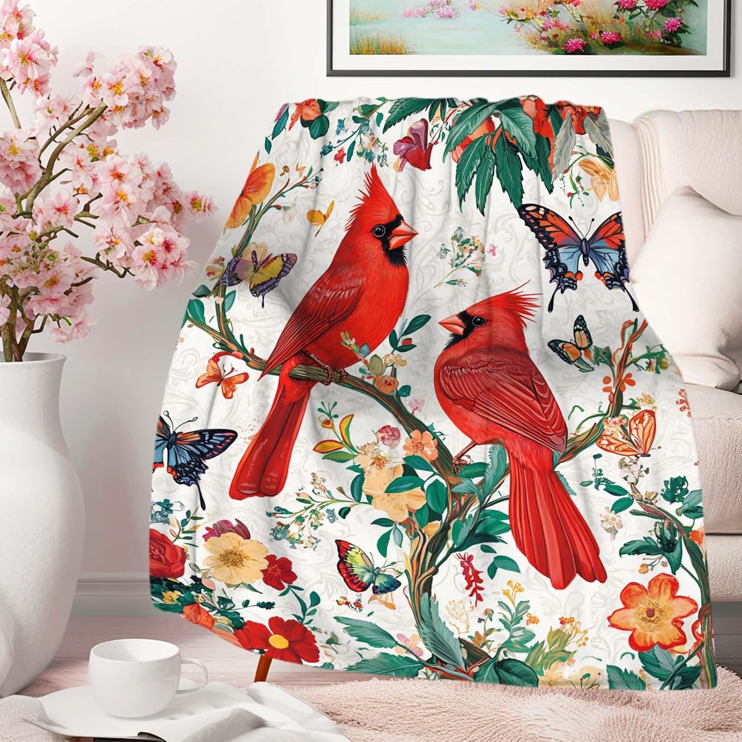Cardinal Blanket Throw, Cardinal Gifts for Women and Men, Lightweight Soft Red Bird Blanket Fleece, Perfect for Living Room 75X95CM