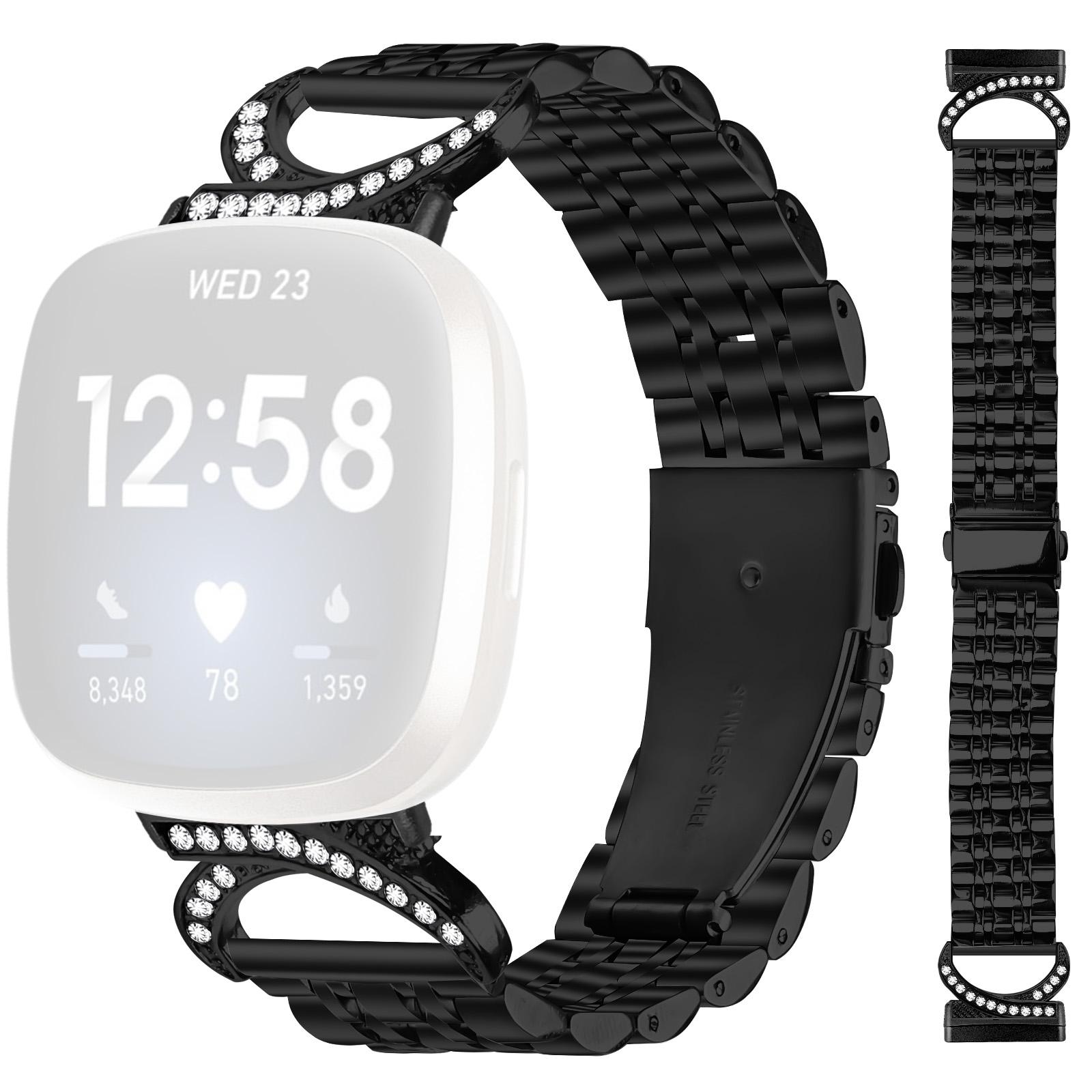 

For Fitbit Versa 3/Sense Strap Seven Bead Stainless Steel Watch Band with Rhinestone Ox Horn Style Connector