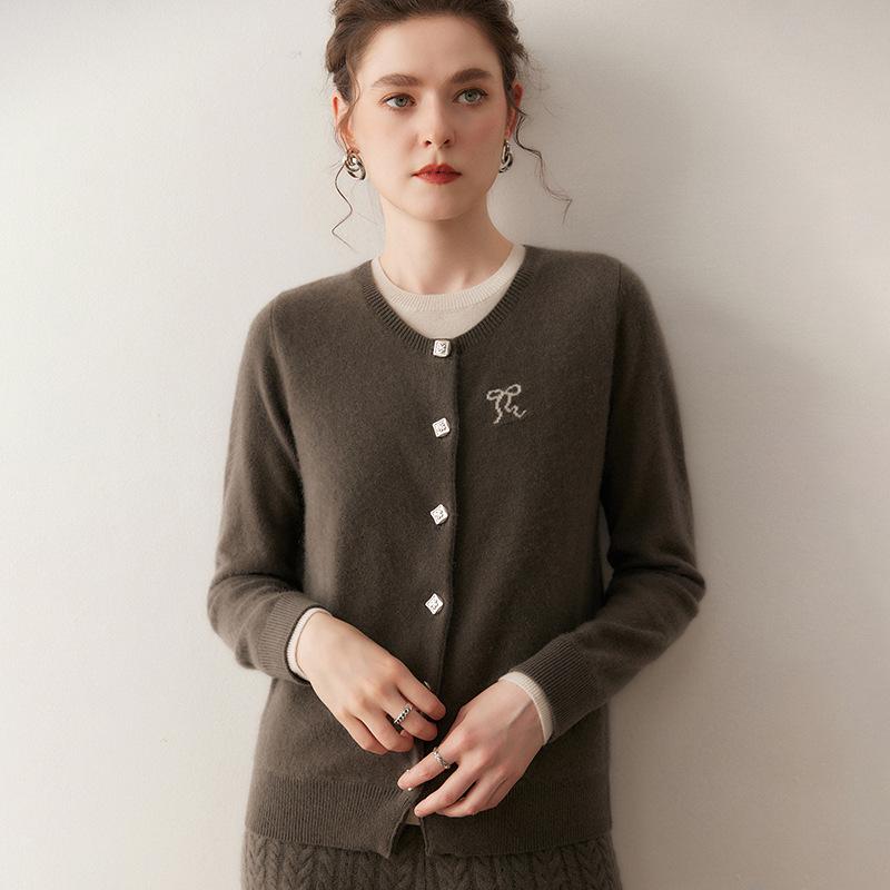 Lekasha Women's Autumn 2025 Embroidered Cashmere Cardigan - Korean Long Sleeve Knit Sweater