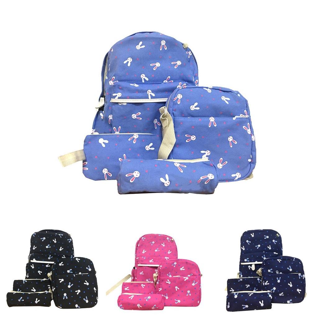 Trendy 4pcs Girls Backpack Set Featuring Durable Canvas Material And Adorable Rabbit Pattern