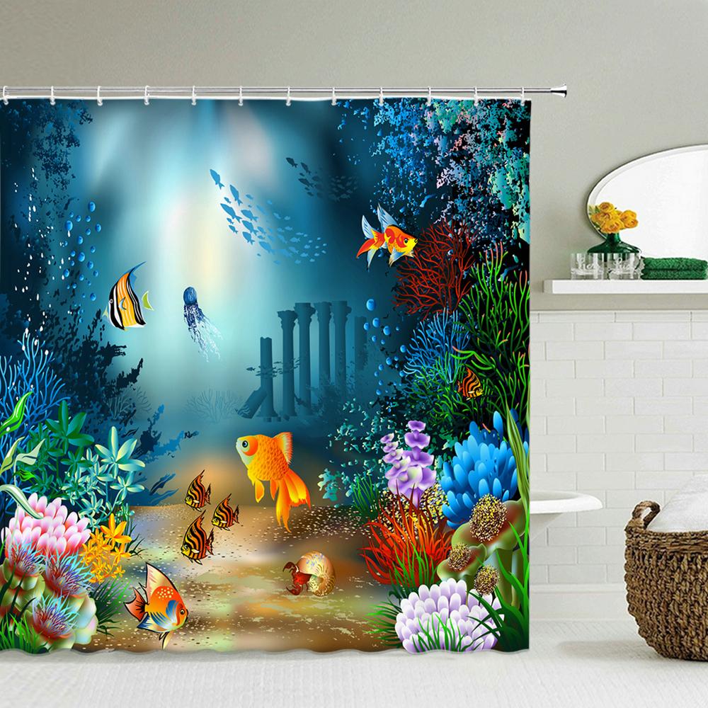 Cartoon Ocean Dolphin Shower Curtain,Waterproof Bathroom Screen Sea Animal Shower Curtain Polyester High Quality Home Curtain