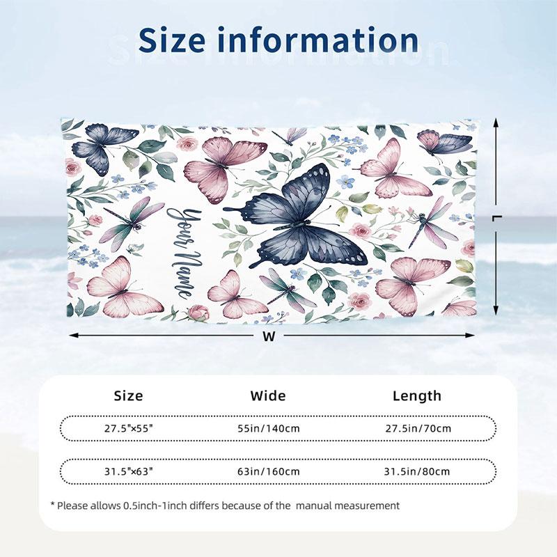 Butterflies Dragonflies Garden 2 Theme Quick Dry Beach Towel Custom Name Text Print Large Sand Resistant Towel Beach Vacation